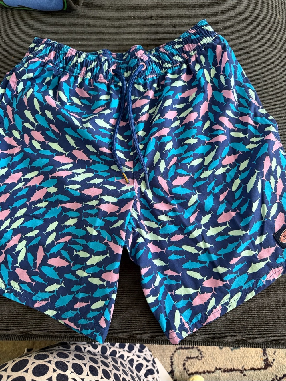 Vineyard Vines Men’s Navy Swim Trunks with Pink and Teal Fish Print
